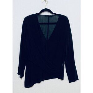 Zara Top Womens Large Black Asymmetrical Hem Faux Drape Front Sheer Boho